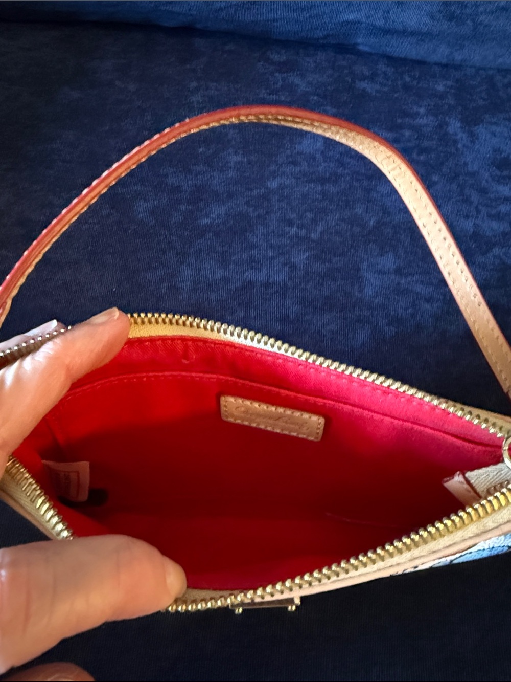 Dooney & Bourke Cream Bee Print Wristlet with Tan Trim and Blue Accents - Picture 3 of 5